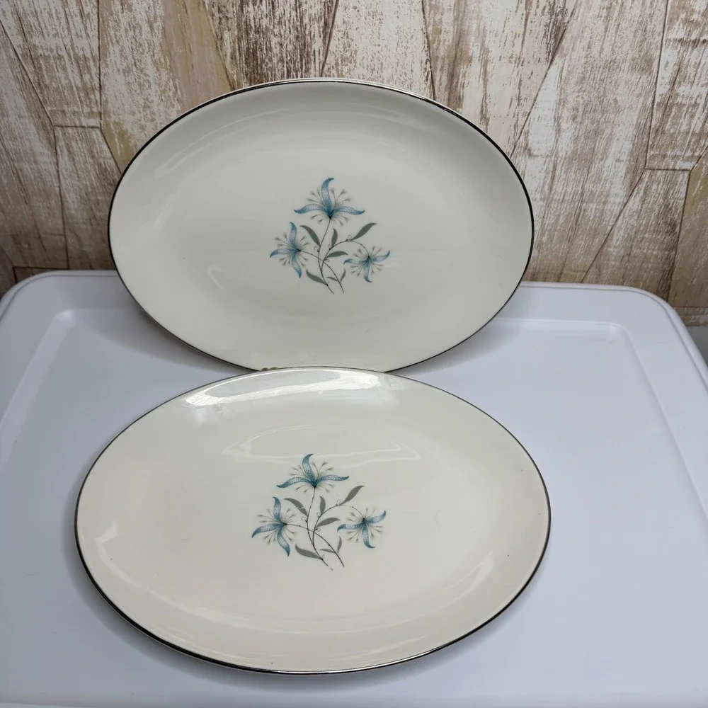 Homer Laughlin Triumph Cynthia Oval Serving Platters Blue Floral Set of 2 USA